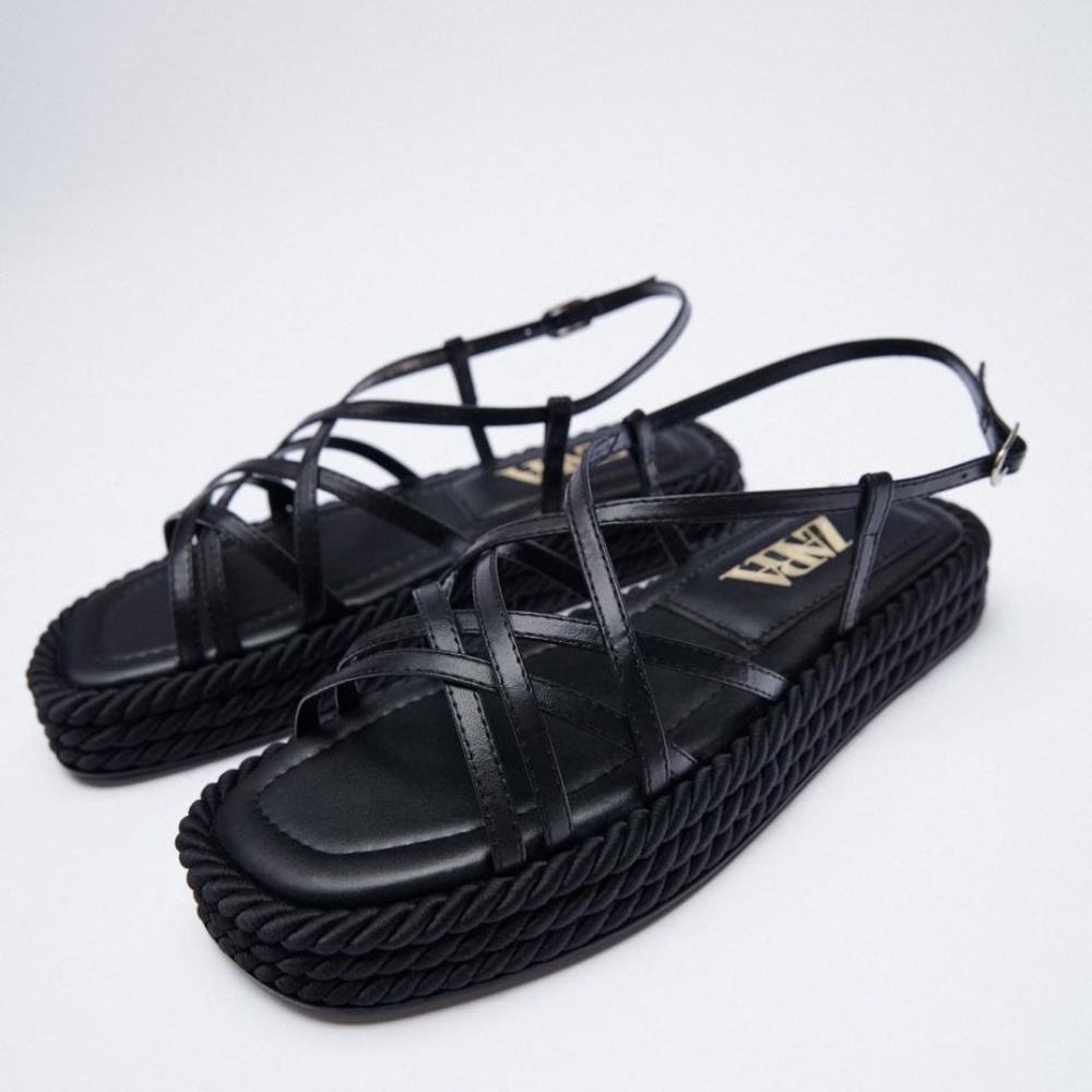 Womens Zara Leather Rope Flatform Sandals Black